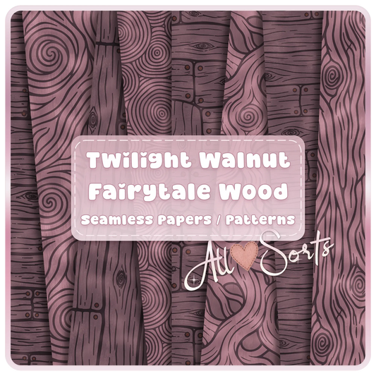 Twilight Walnut Fairytale Wood seamless digital paper pack preview showing mauve walnut wood grain, rustic planks, fantasy swirls, and 16 JPG pattern bundle text.