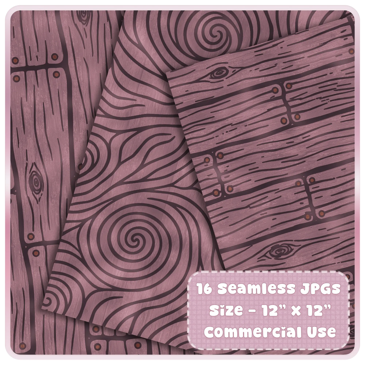 Close-up preview of Twilight Walnut Fairytale Wood seamless JPG patterns with dark mauve planks, carved wood grain, spiral knots, and commercial use label.