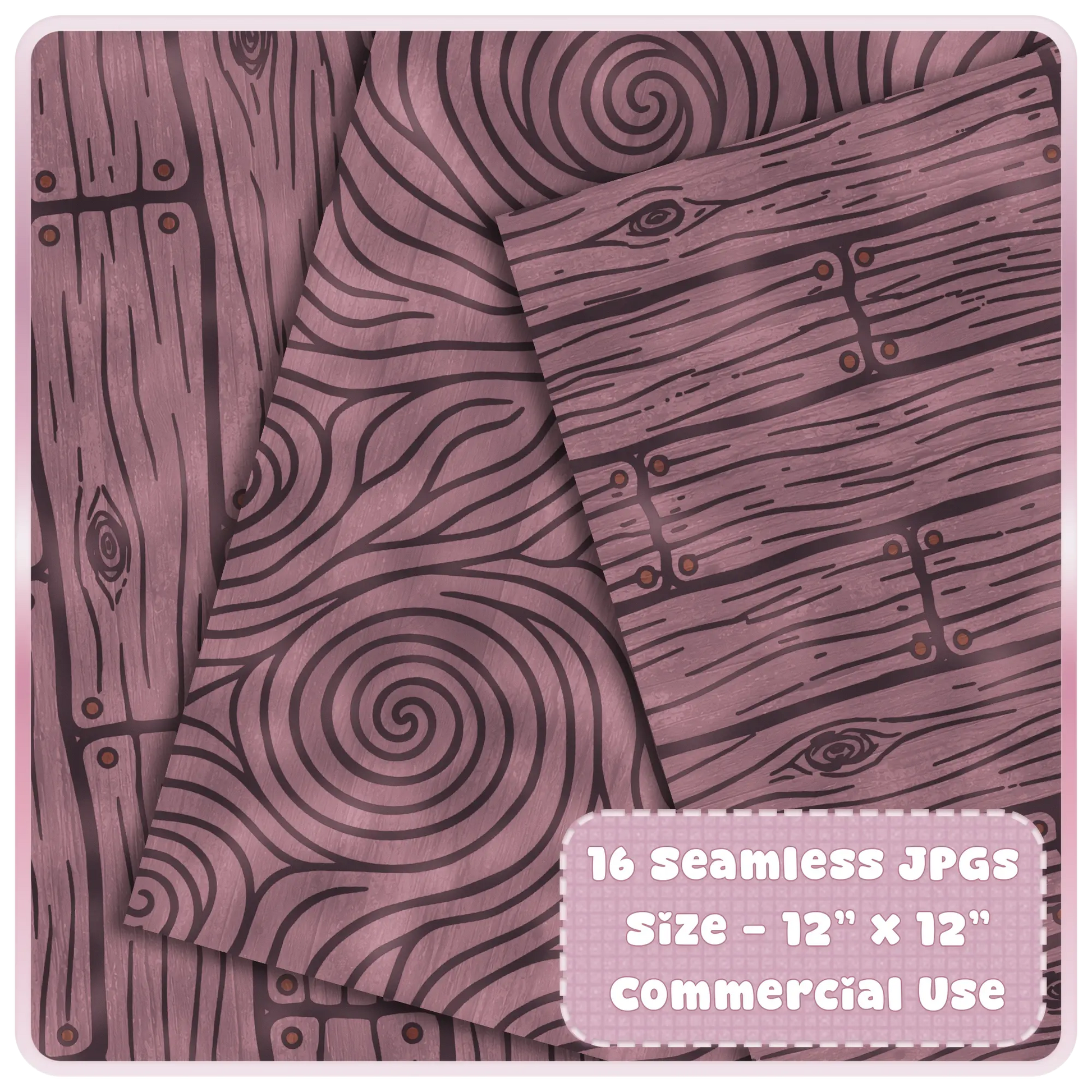 Close-up preview of Twilight Walnut Fairytale Wood seamless JPG patterns with dark mauve planks, carved wood grain, spiral knots, and commercial use label.