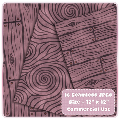Close-up preview of Twilight Walnut Fairytale Wood seamless JPG patterns with dark mauve planks, carved wood grain, spiral knots, and commercial use label.