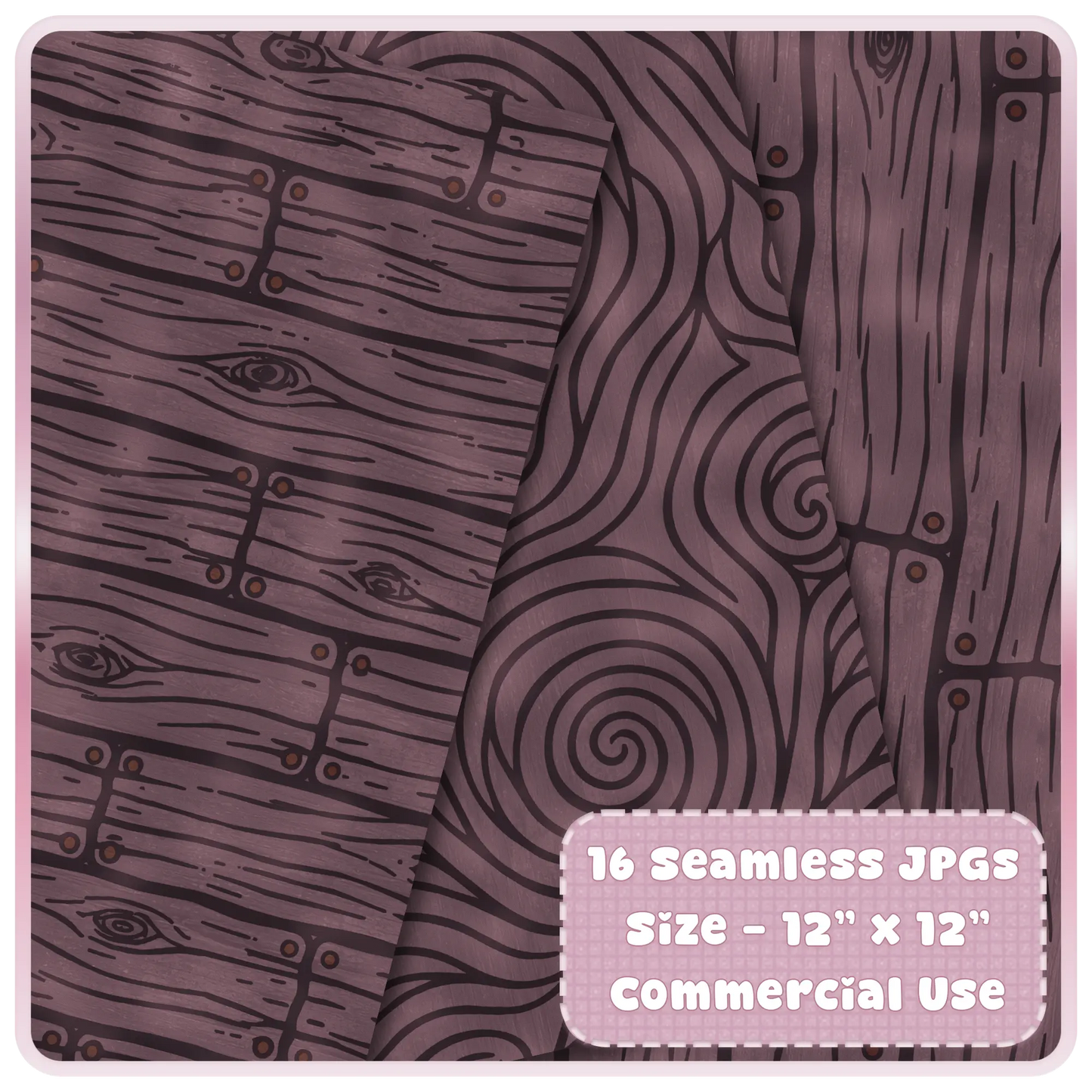 Seamless twilight walnut wood digital papers displayed in layered mockup with rustic plank texture, whimsical swirls, and dark fantasy mauve tones.