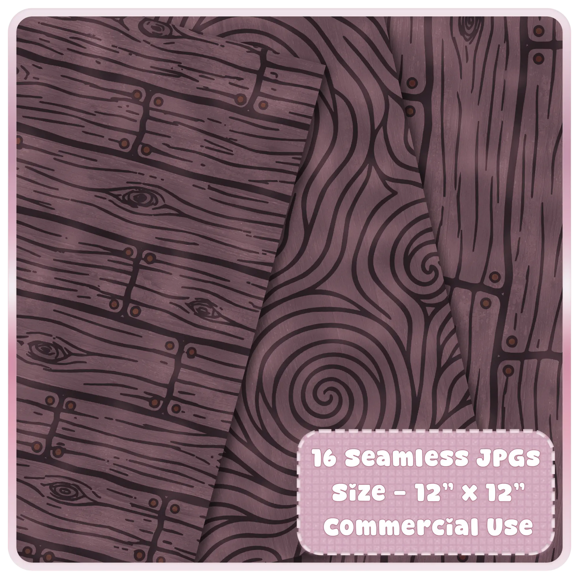 Seamless twilight walnut wood digital papers displayed in layered mockup with rustic plank texture, whimsical swirls, and dark fantasy mauve tones.