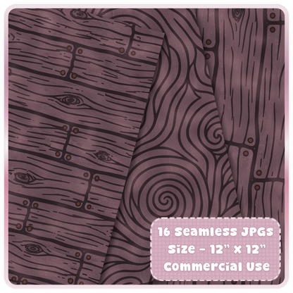 Seamless twilight walnut wood digital papers displayed in layered mockup with rustic plank texture, whimsical swirls, and dark fantasy mauve tones.