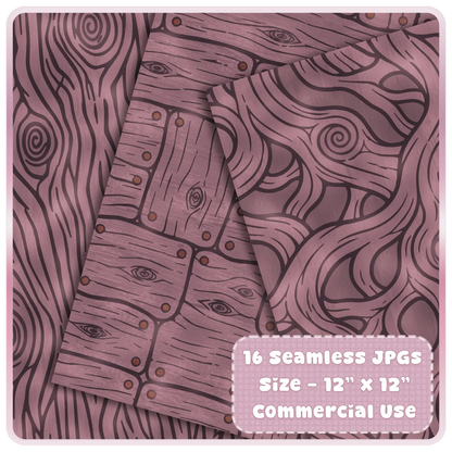 Layered fairytale wood scrapbook paper mockup featuring plum walnut grain, rustic plank pattern, carved knots, and seamless digital background designs.