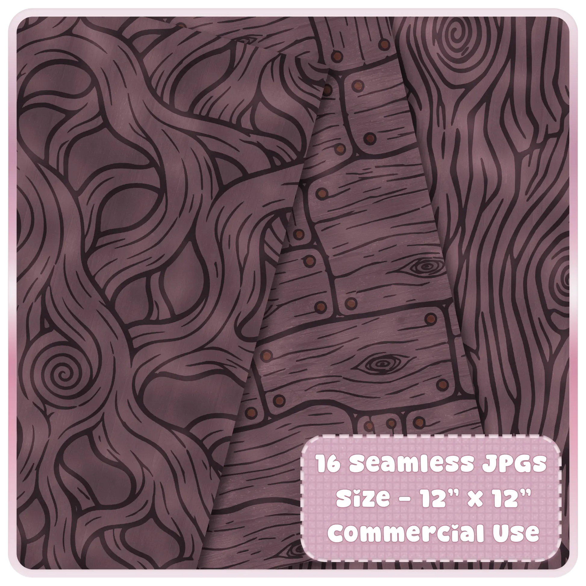 Dark mauve Twilight Walnut Fairytale Wood pattern preview with layered printable papers, fantasy wood grain swirls, and rustic seamless textures.