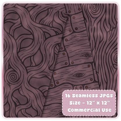 Dark mauve Twilight Walnut Fairytale Wood pattern preview with layered printable papers, fantasy wood grain swirls, and rustic seamless textures.
