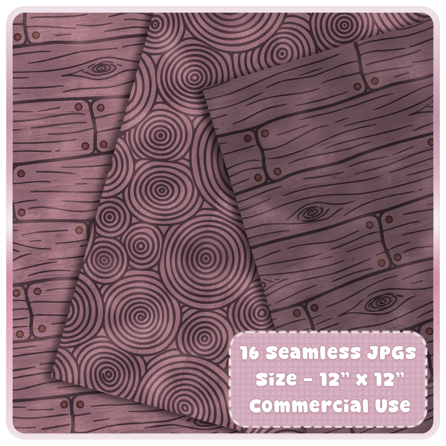 Seamless walnut wood digital paper mockup with spiral grain pattern, rustic plank background, dark plum tones, and commercial use JPG bundle details.