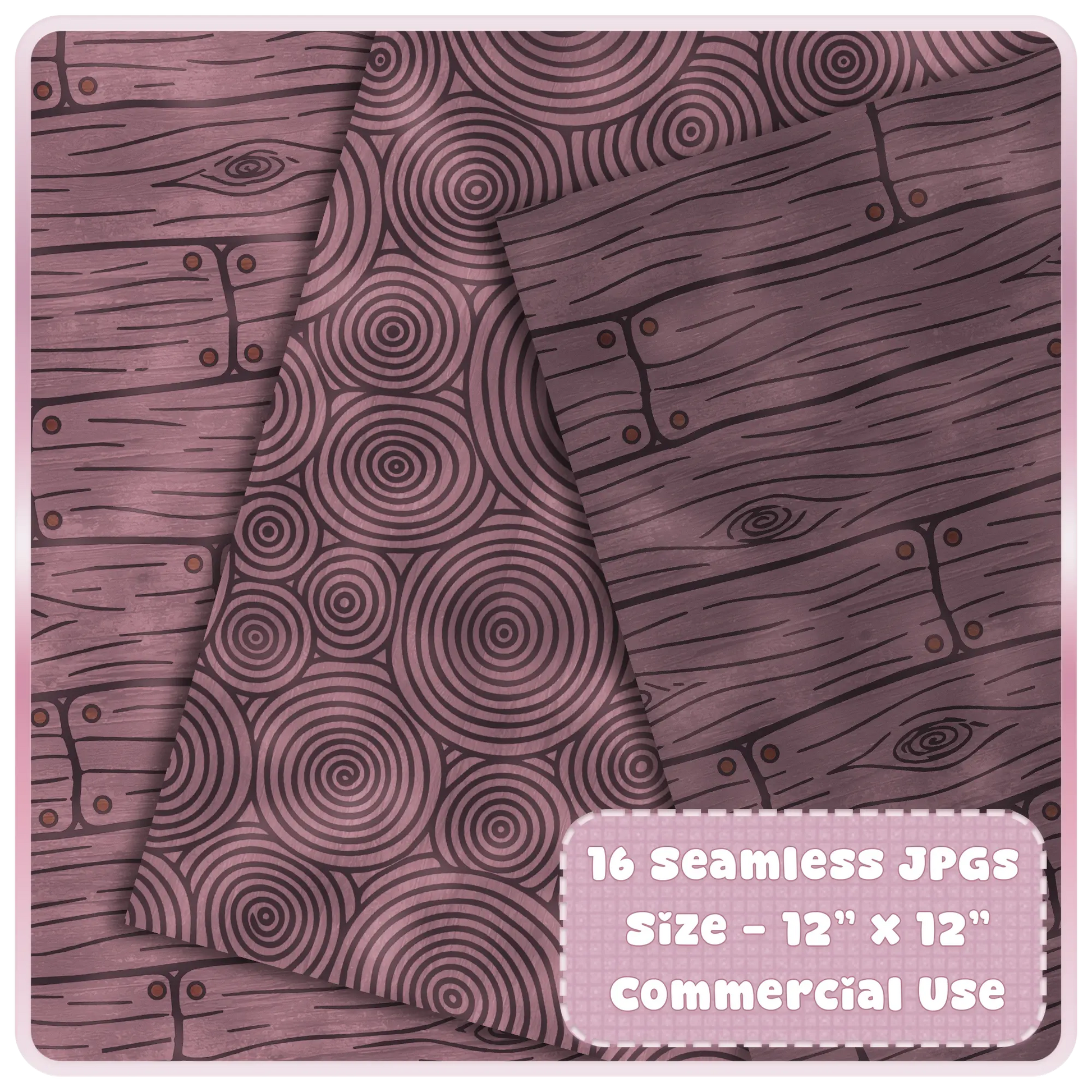 Seamless walnut wood digital paper mockup with spiral grain pattern, rustic plank background, dark plum tones, and commercial use JPG bundle details.