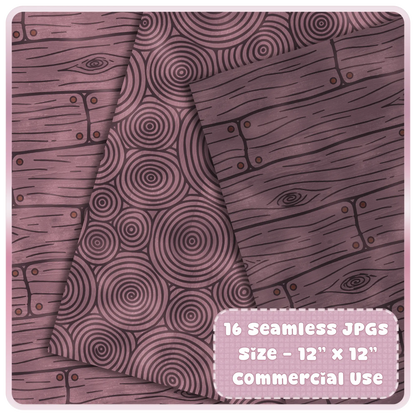 Seamless walnut wood digital paper mockup with spiral grain pattern, rustic plank background, dark plum tones, and commercial use JPG bundle details.