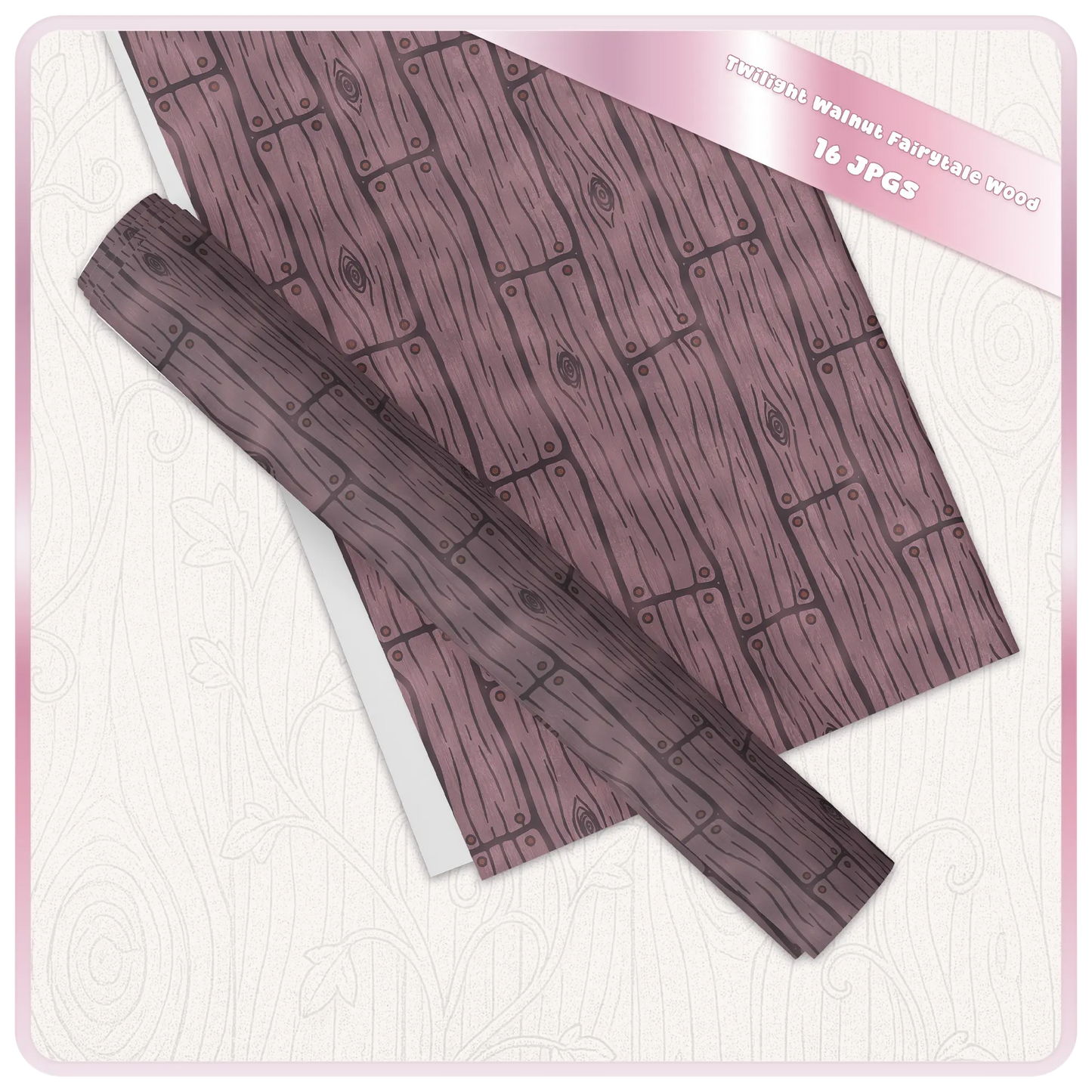 Twilight Walnut Fairytale Wood seamless pattern shown on printable paper and bookmark mockup with dark mauve rustic plank texture.
