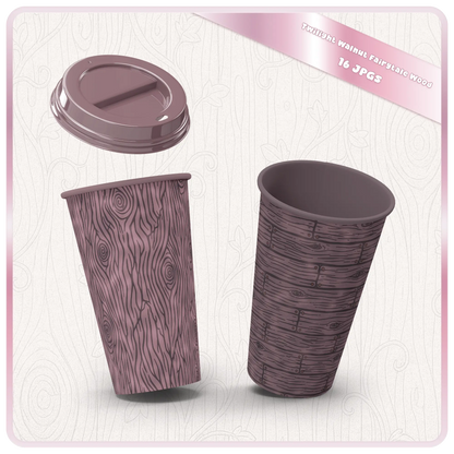 Twilight Walnut Fairytale Wood pattern mockup on paper cups with mauve walnut grain, rustic plank texture, and seamless digital design preview.