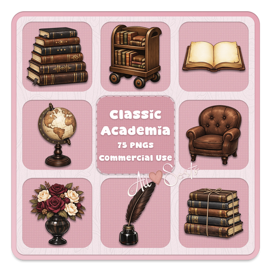 Classic academia clipart bundle, vintage books, globe, quill, library decor PNG set for junk journals, scrapbooking, digital planners