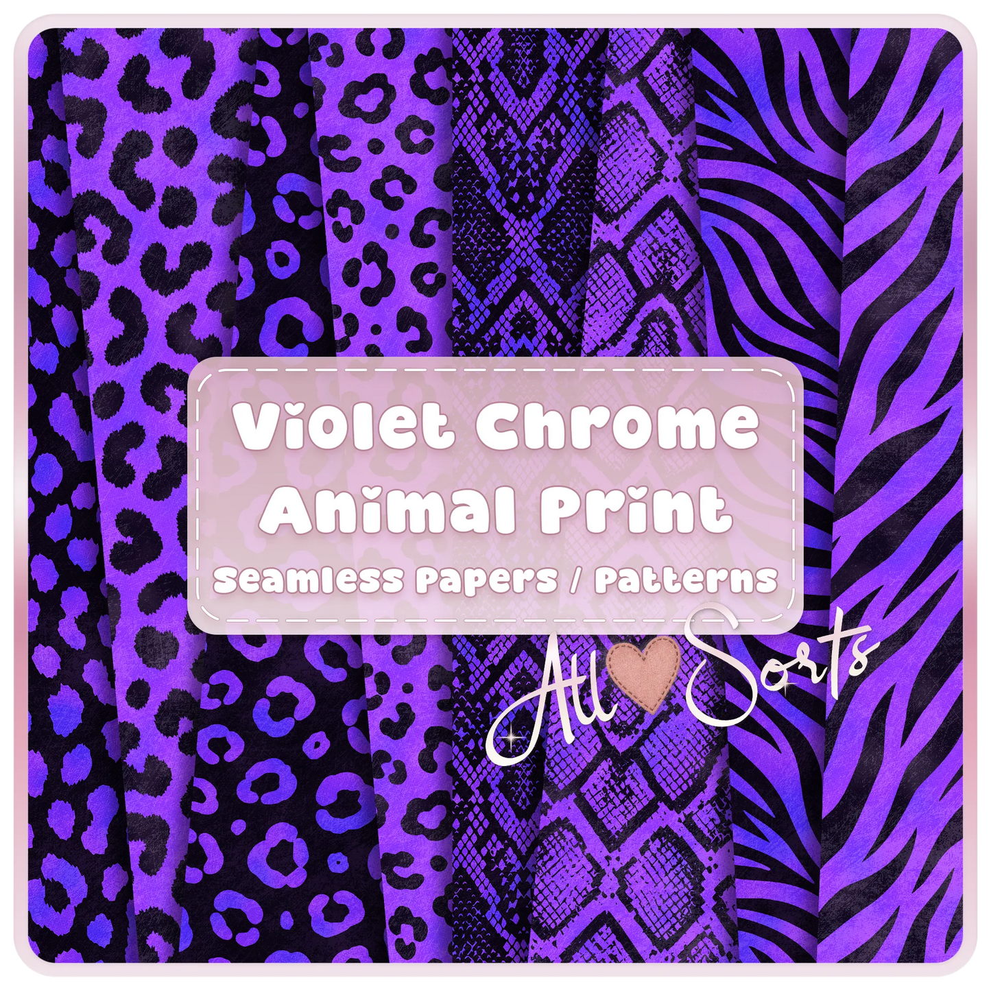 Violet chrome animal print seamless digital paper pack preview with purple and black leopard, snake, zebra, and safari patterns by All Sorts Crafts.