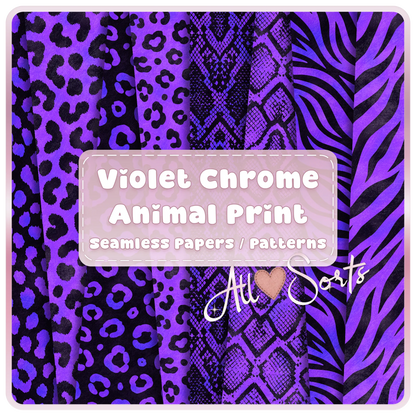 Violet chrome animal print seamless digital paper pack preview with purple and black leopard, snake, zebra, and safari patterns by All Sorts Crafts.