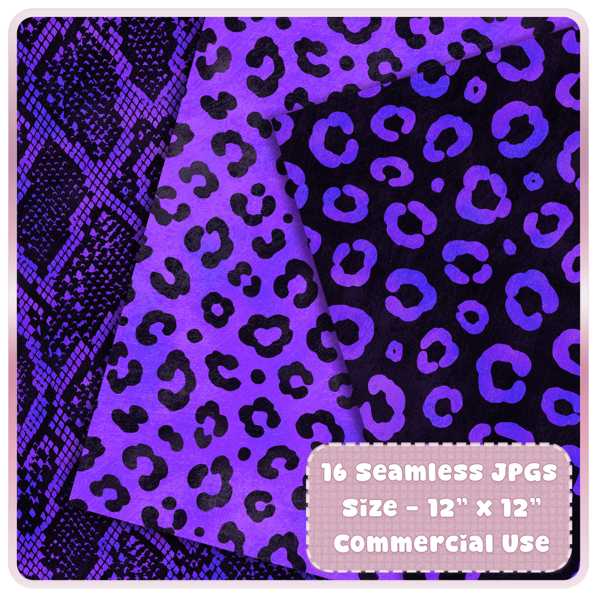 Violet and black animal print seamless JPG papers featuring snake skin and leopard print digital scrapbook patterns.