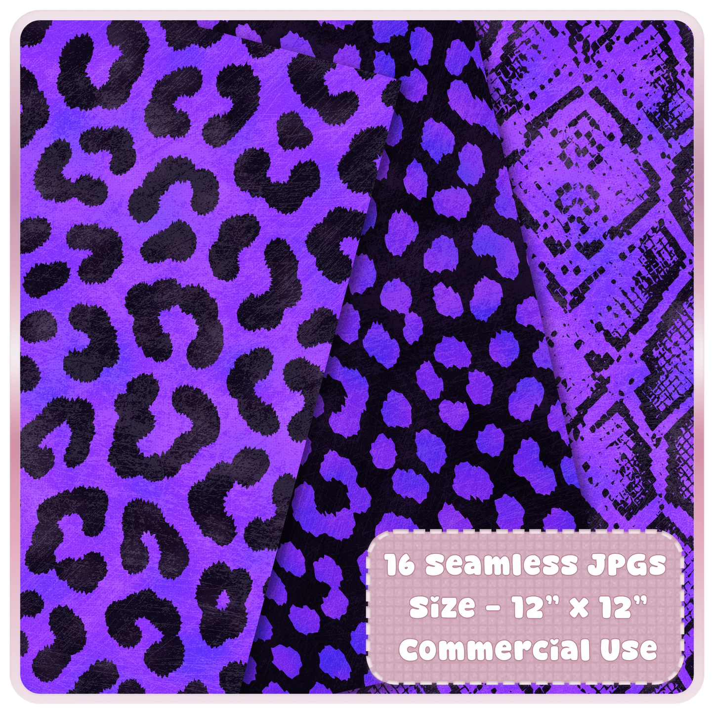 Purple leopard print and snake skin seamless digital papers with black animal spots and textured safari pattern designs.