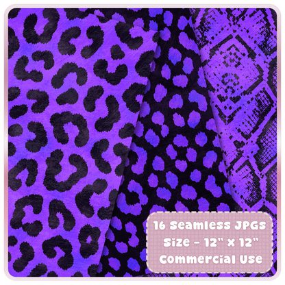 Purple leopard print and snake skin seamless digital papers with black animal spots and textured safari pattern designs.