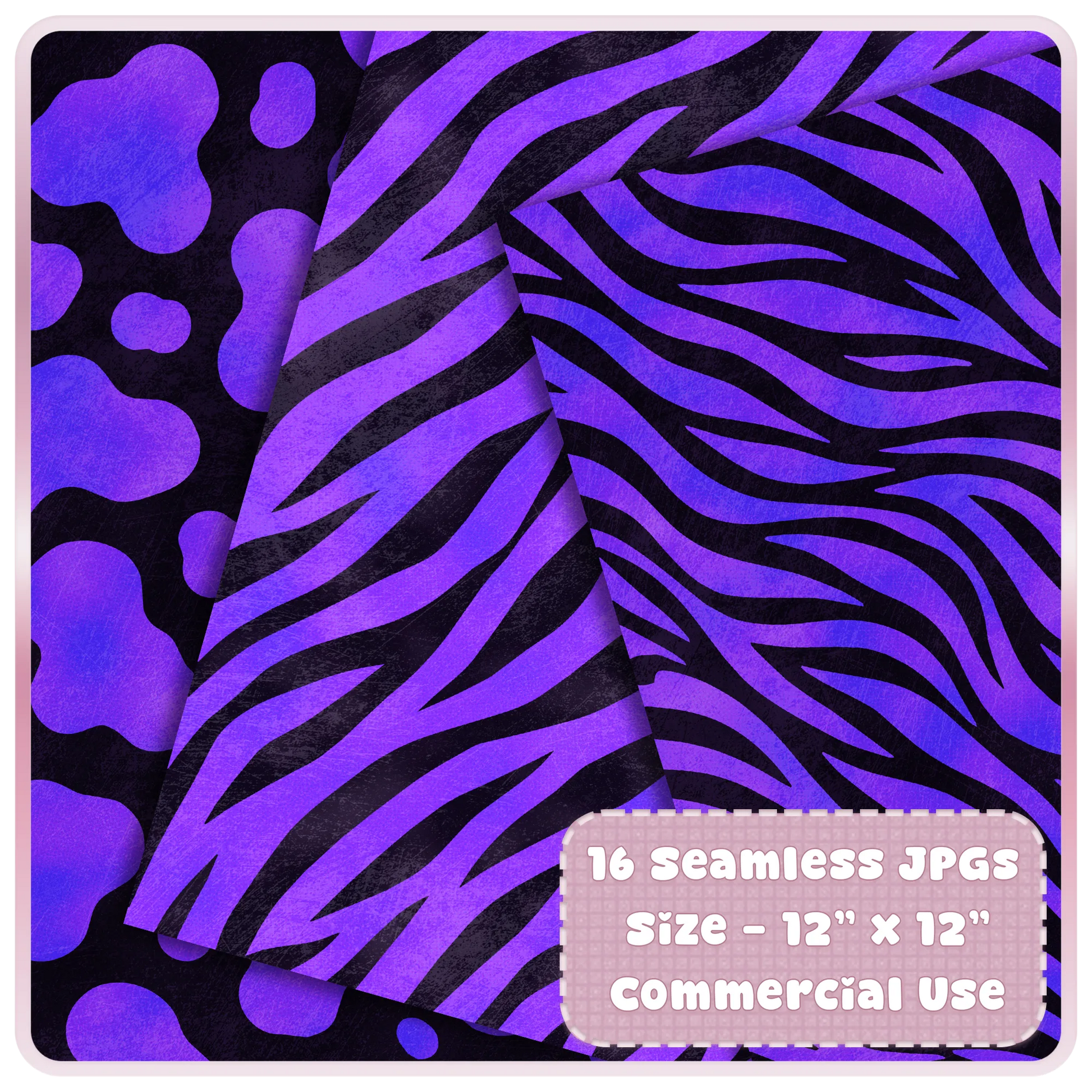 Violet chrome zebra print seamless papers with bold black animal stripe patterns for digital crafts and sublimation designs.