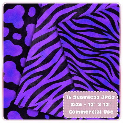 Violet chrome zebra print seamless papers with bold black animal stripe patterns for digital crafts and sublimation designs.