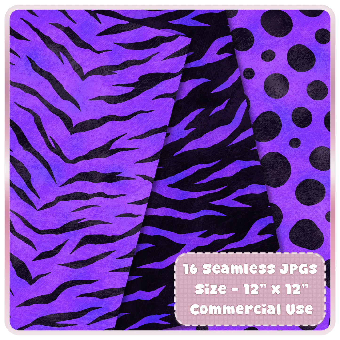 Purple tiger stripe and black animal print seamless digital paper designs with dotted safari background for craft projects.