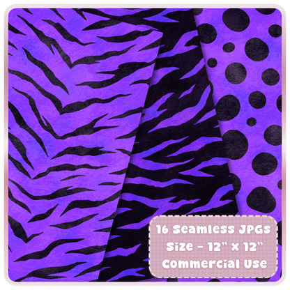 Purple tiger stripe and black animal print seamless digital paper designs with dotted safari background for craft projects.