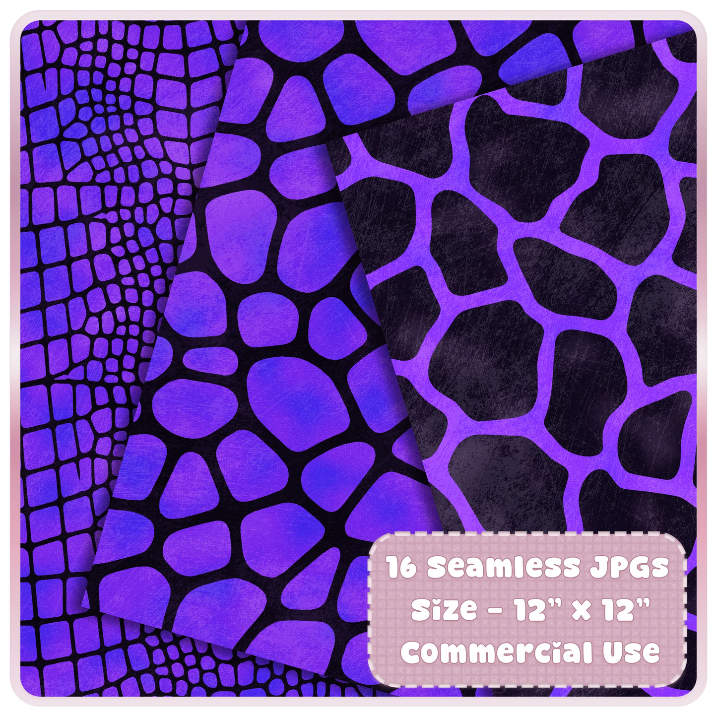 Violet chrome crocodile, giraffe, and reptile animal print seamless JPG papers for scrapbooking, printing, and digital design.