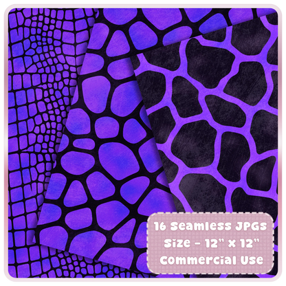 Violet chrome crocodile, giraffe, and reptile animal print seamless JPG papers for scrapbooking, printing, and digital design.
