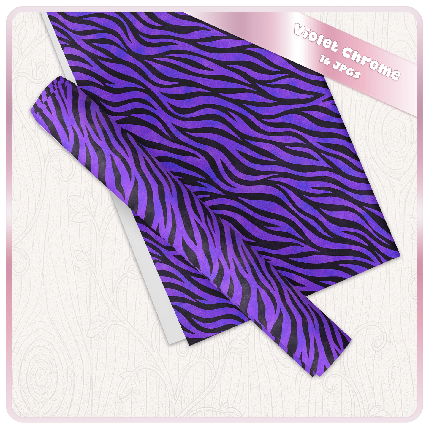 Violet chrome zebra print digital paper mockup showing seamless animal pattern sheets for printable crafts and stationery.