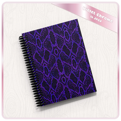 Violet chrome snake skin seamless pattern displayed on a spiral notebook mockup for digital paper and product design projects.