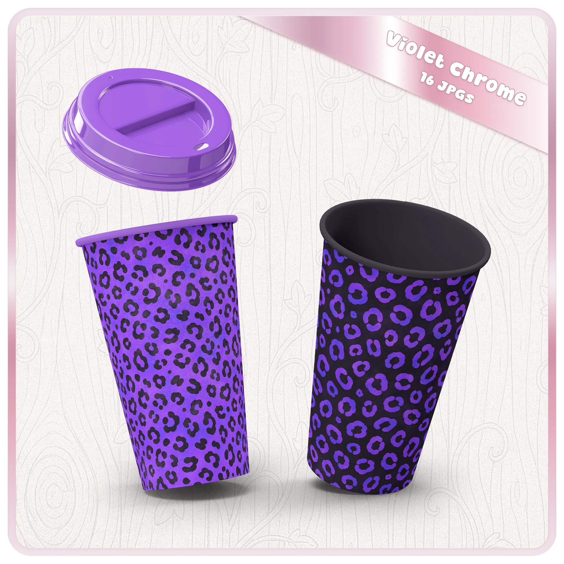 Violet chrome leopard print seamless digital paper shown on coffee cup mockups for sublimation, packaging, and craft designs.