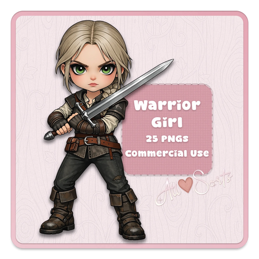 Warrior girl clipart PNG bundle cover, cute chibi fantasy female knight with sword, commercial use digital download.
