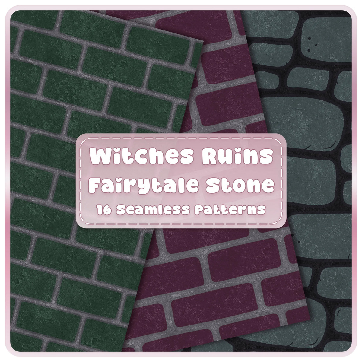 Witches Ruins fairytale stone and brick seamless patterns bundle with green, plum and smoky teal gothic digital papers