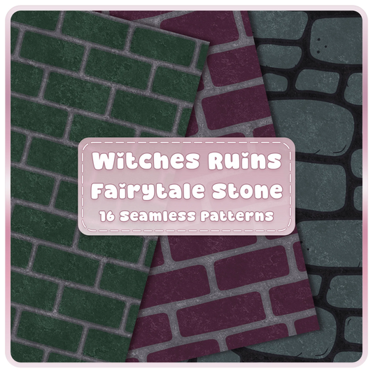Witches Ruins fairytale stone and brick seamless patterns bundle with green, plum and smoky teal gothic digital papers