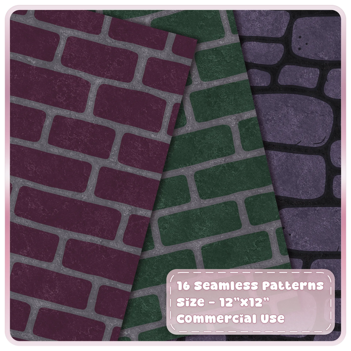 Witchy brick and stone seamless digital papers in plum purple, forest green and dark gothic teal with commercial use