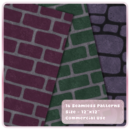 Witchy brick and stone seamless digital papers in plum purple, forest green and dark gothic teal with commercial use