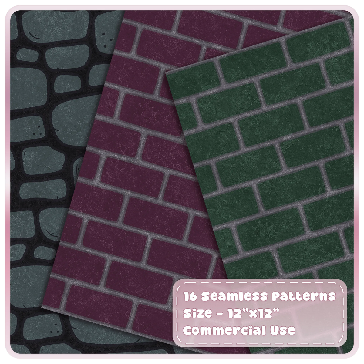 Dark fairytale seamless brick and cobblestone patterns in gothic plum, green and smoky teal fantasy colours