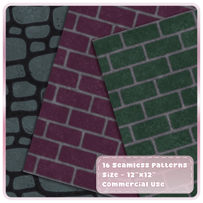 Dark fairytale seamless brick and cobblestone patterns in gothic plum, green and smoky teal fantasy colours