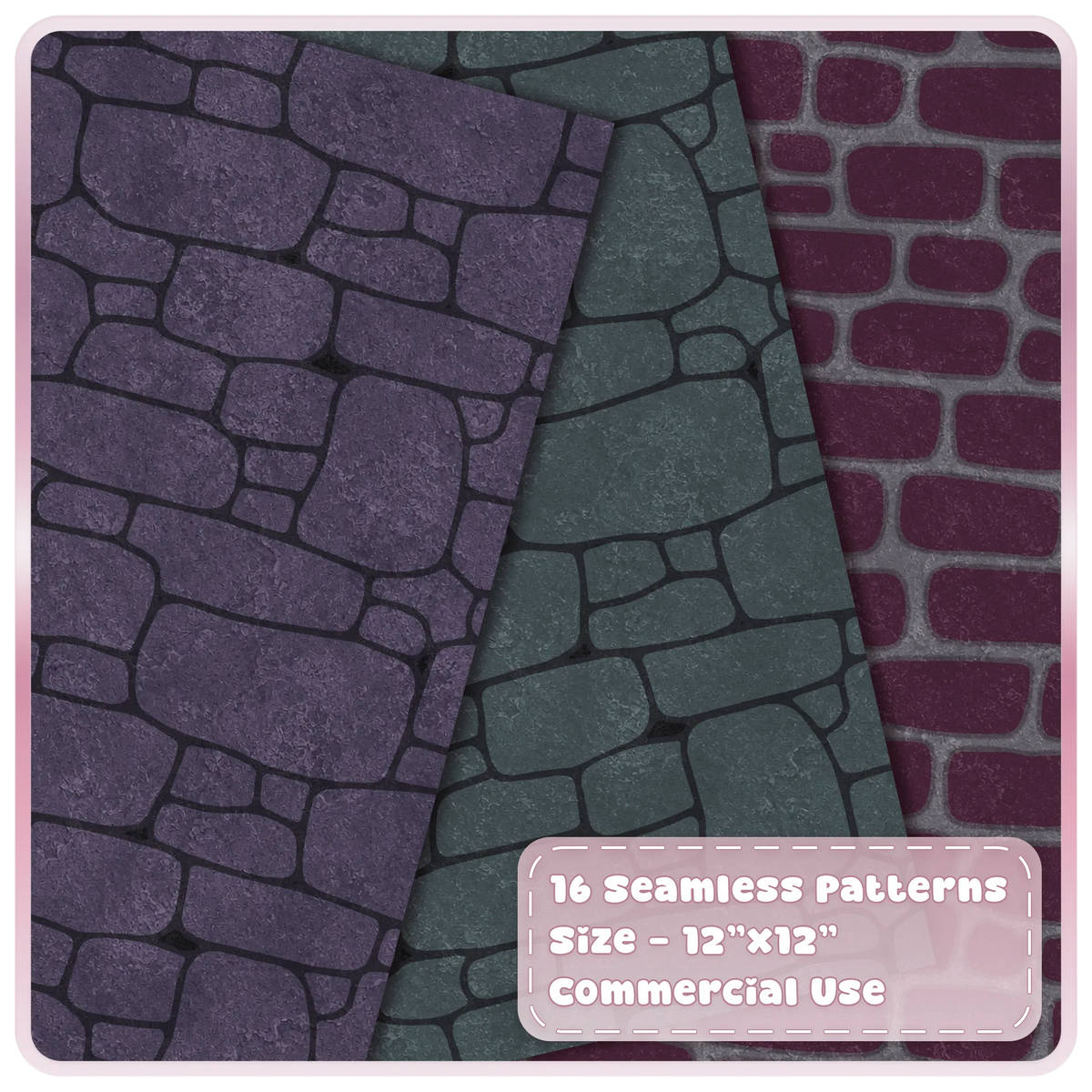 Gothic stone wall seamless patterns featuring purple cobblestone, teal masonry and plum fairytale brick digital paper