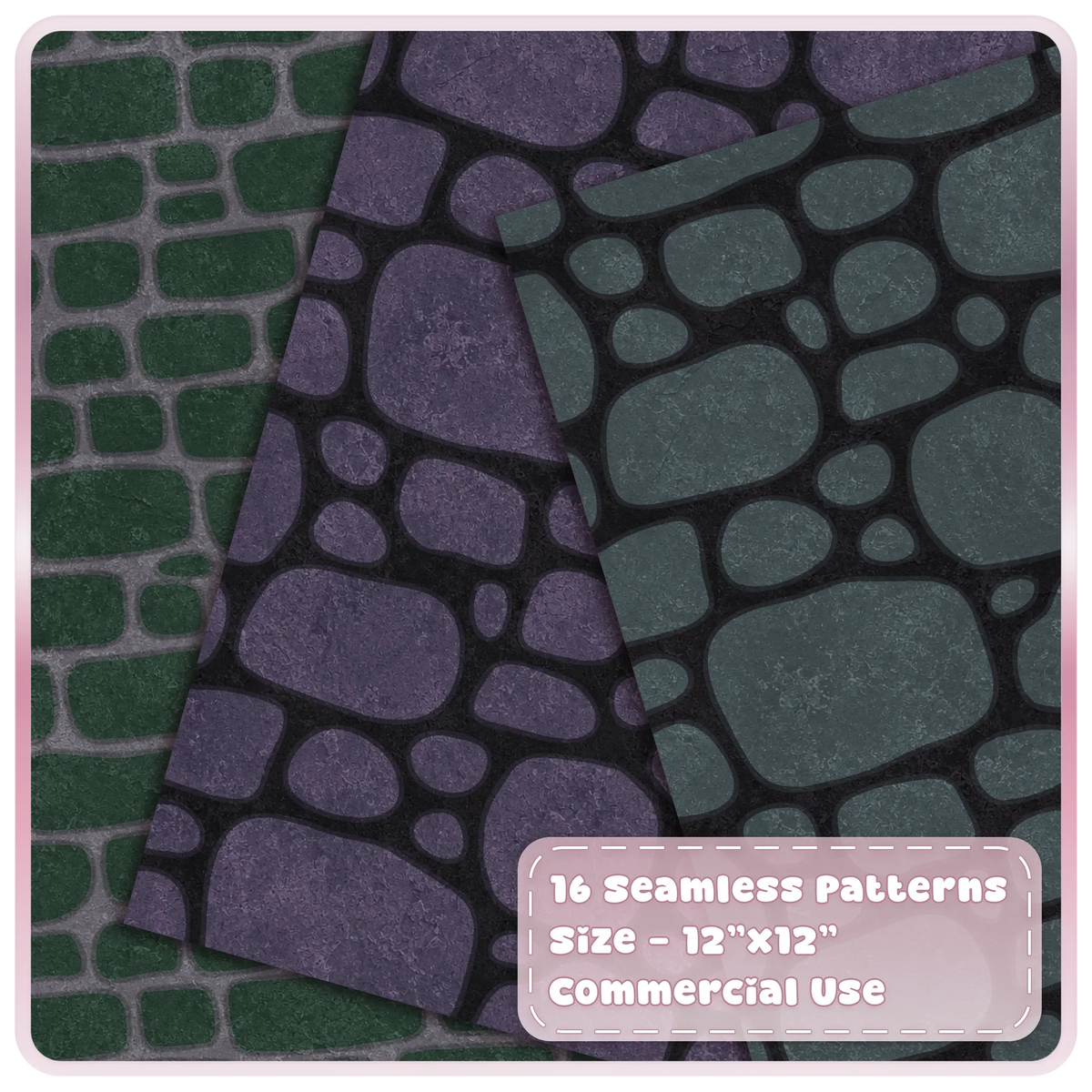 Witchcore seamless stone and cobblestone digital papers in enchanted green, mystical purple and charcoal teal textures