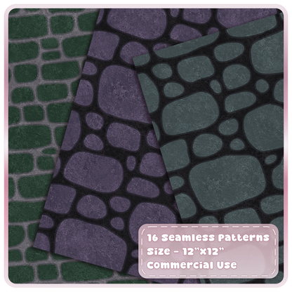 Witchcore seamless stone and cobblestone digital papers in enchanted green, mystical purple and charcoal teal textures