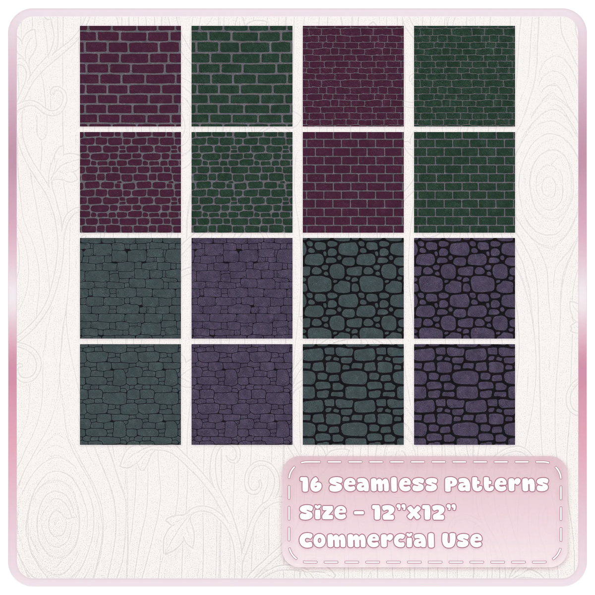 16 Witches Ruins seamless stone and brick JPG patterns featuring gothic fairytale walls, cobblestone and masonry designs