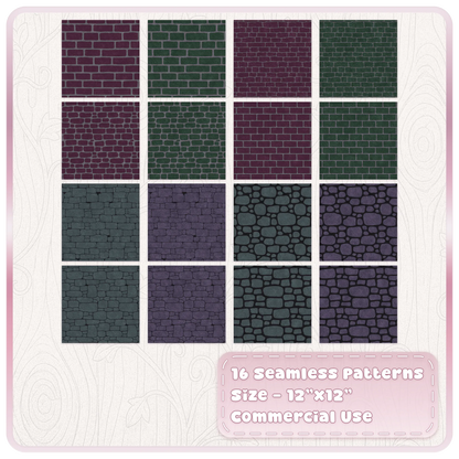 16 Witches Ruins seamless stone and brick JPG patterns featuring gothic fairytale walls, cobblestone and masonry designs