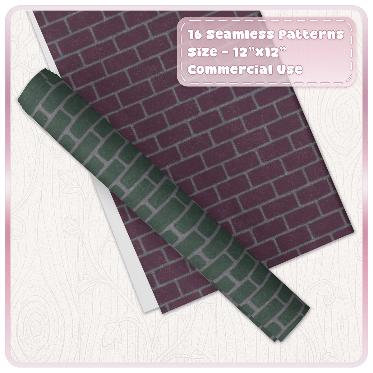 Witchy brick seamless digital paper mockup showing plum gothic brick and green fairytale stone repeating patterns
