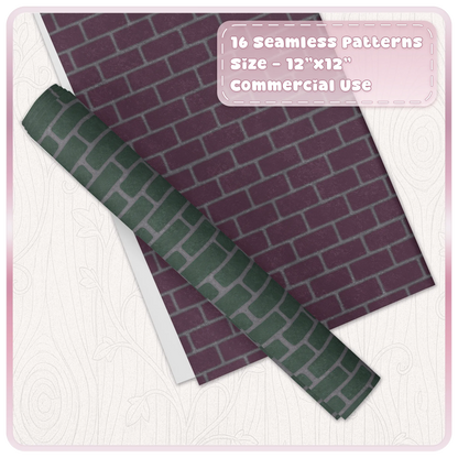 Witchy brick seamless digital paper mockup showing plum gothic brick and green fairytale stone repeating patterns