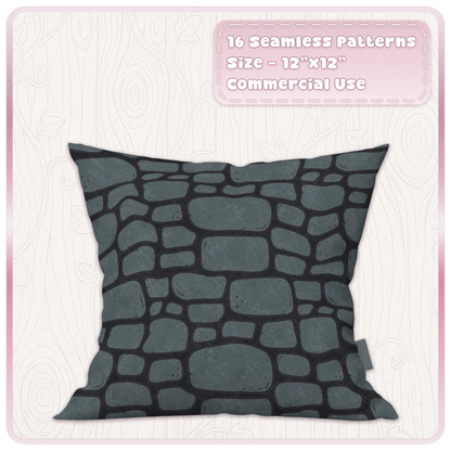 Dark fairytale stone seamless pattern on cushion mockup featuring smoky teal cobblestone and charcoal gothic mortar