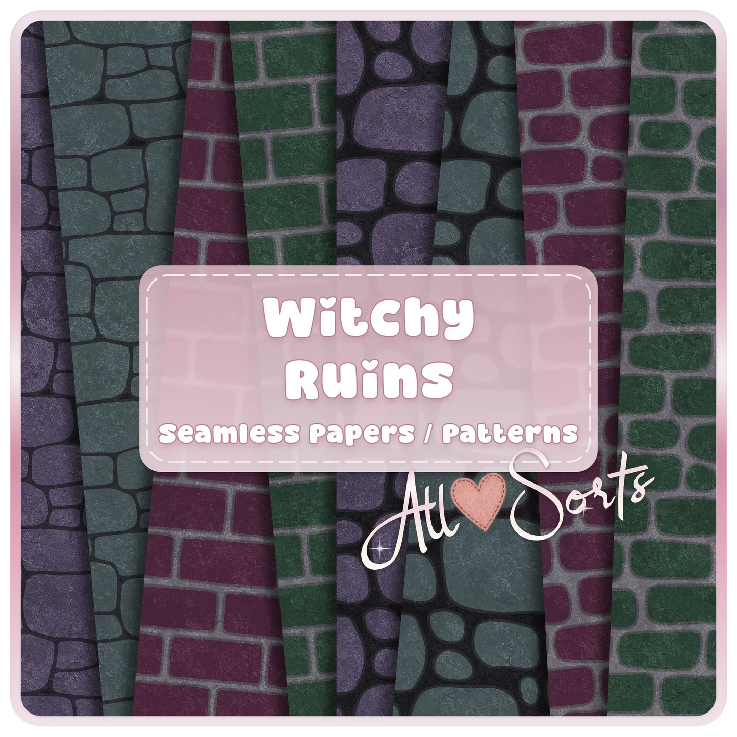 Witchy Ruins seamless brick and stone digital paper pack preview with gothic green, purple, teal, and charcoal fantasy patterns by AllSorts