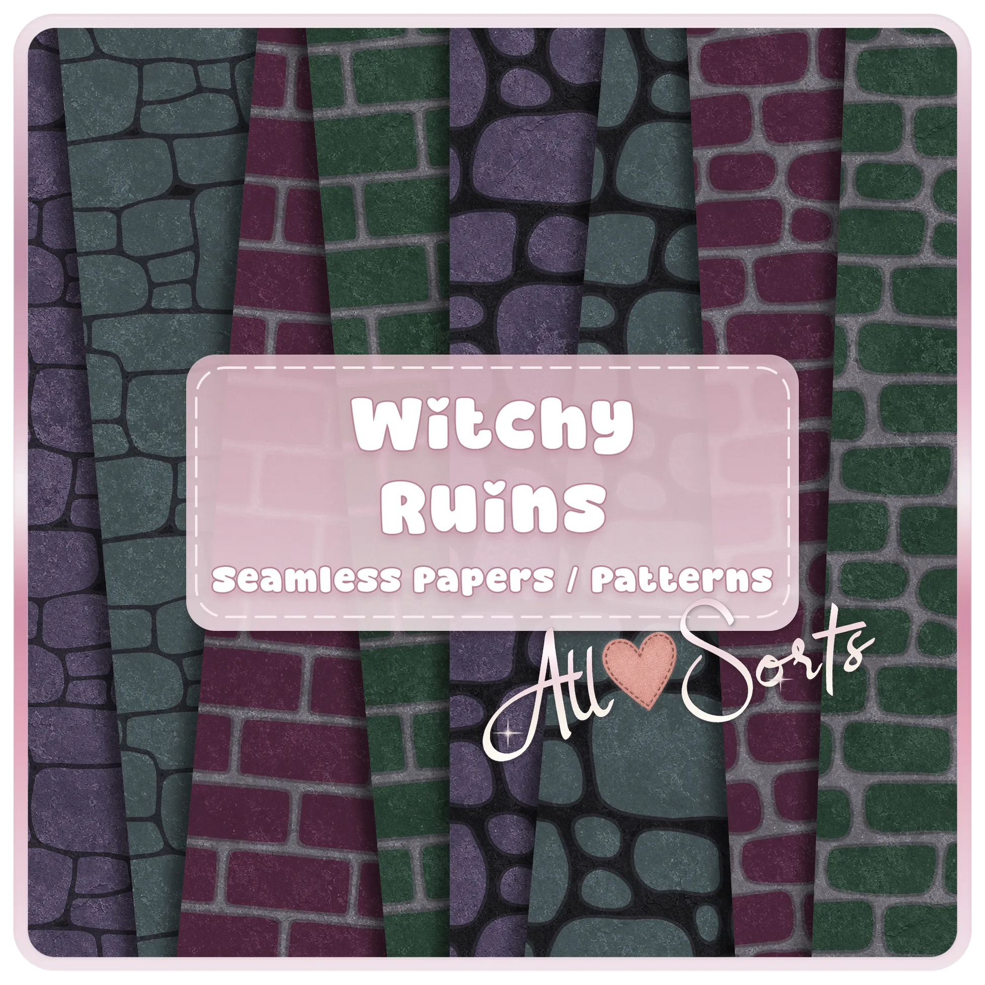 Witchy Ruins seamless brick and stone digital paper pack preview with gothic green, purple, teal, and charcoal fantasy patterns by AllSorts