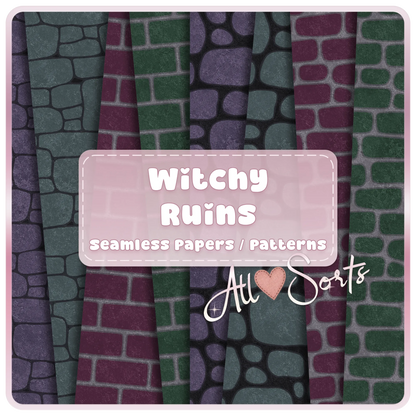 Witchy Ruins seamless brick and stone digital paper pack preview with gothic green, purple, teal, and charcoal fantasy patterns by AllSorts