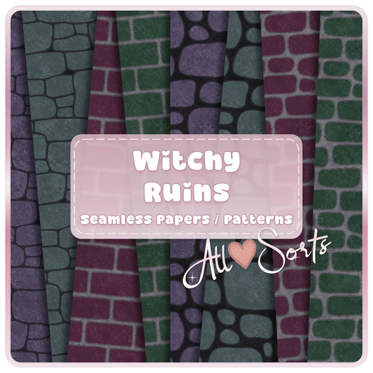 Witchy Ruins seamless brick and stone digital paper pack preview with gothic green, purple, teal, and charcoal fantasy patterns by AllSorts