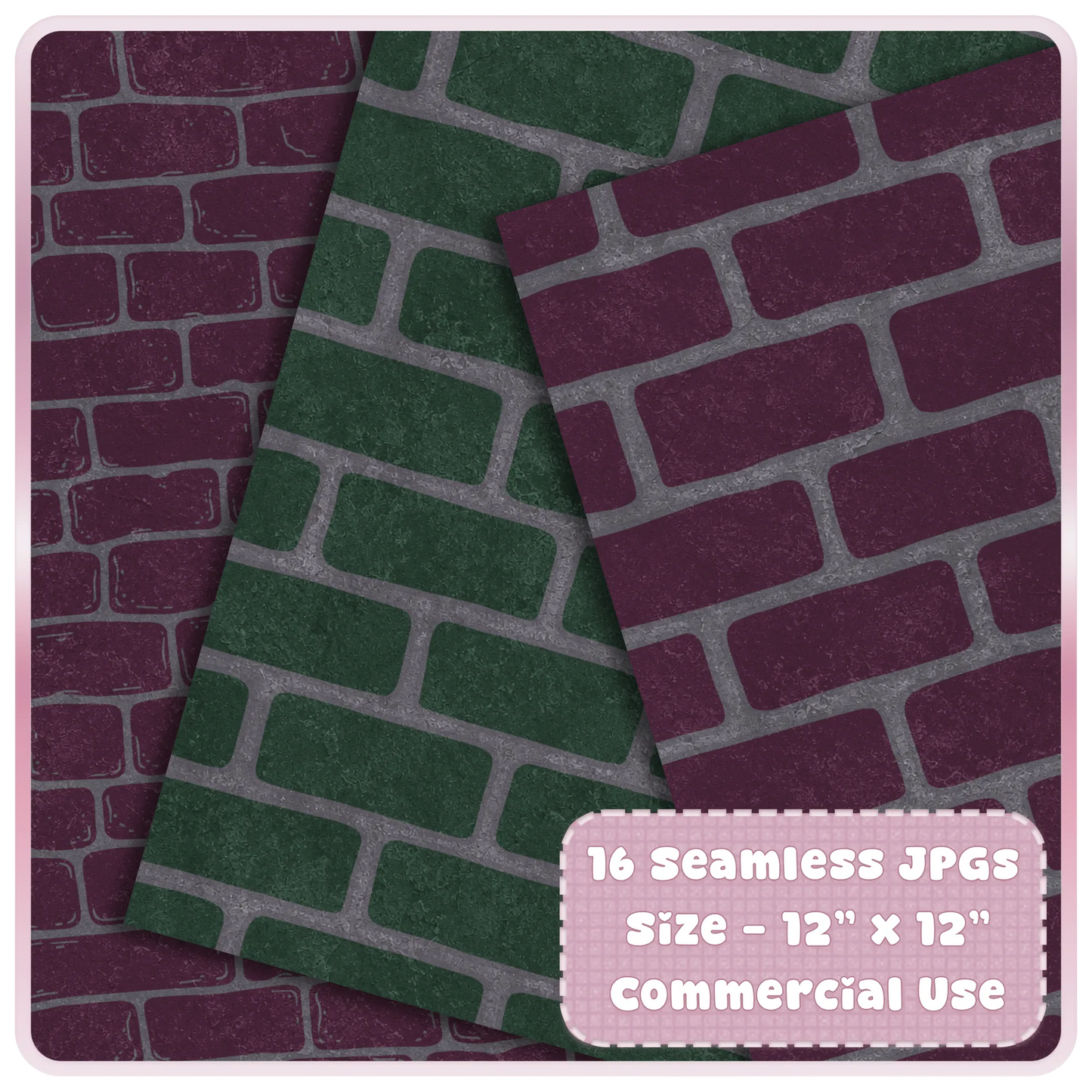 Preview of 16 seamless witchy ruins JPG digital papers featuring gothic brick textures in dark green and plum purple for commercial craft use